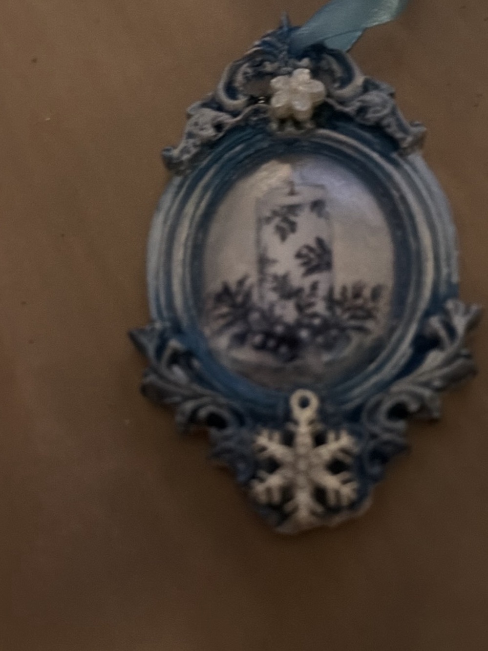 Blue and White Holiday Candle Frame Ornament - Decorative Snowflake Accent